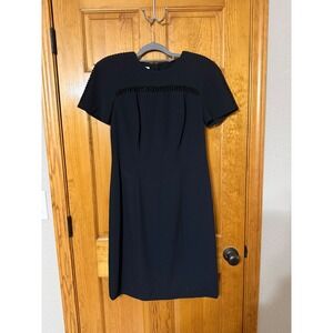 Vintage Rimini Black Sheath Dress Short Sleeve V Cutout Trim Button Back Size 8